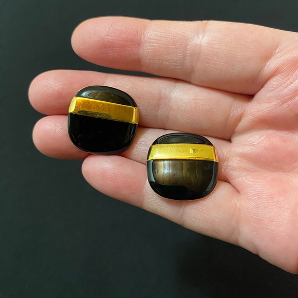 VGT Monet Gold-tone Black Stripe Enamel Rounded Square Pierced Earrings - Picture 3 of 5